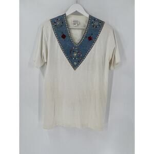 Special F/X Vintage Blouse Womens XL White Denim Beaded Neckline V Neck Studded